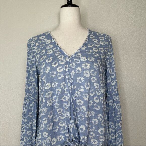 Everly Floral Blue Front Tie Swiss Dot Flared Sleeves Top, Size Small - Picture 3 of 13